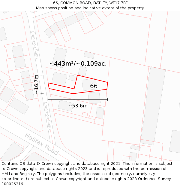 66, COMMON ROAD, BATLEY, WF17 7RF: Plot and title map