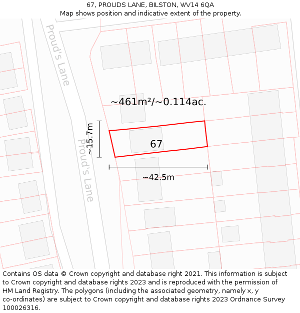 67, PROUDS LANE, BILSTON, WV14 6QA: Plot and title map