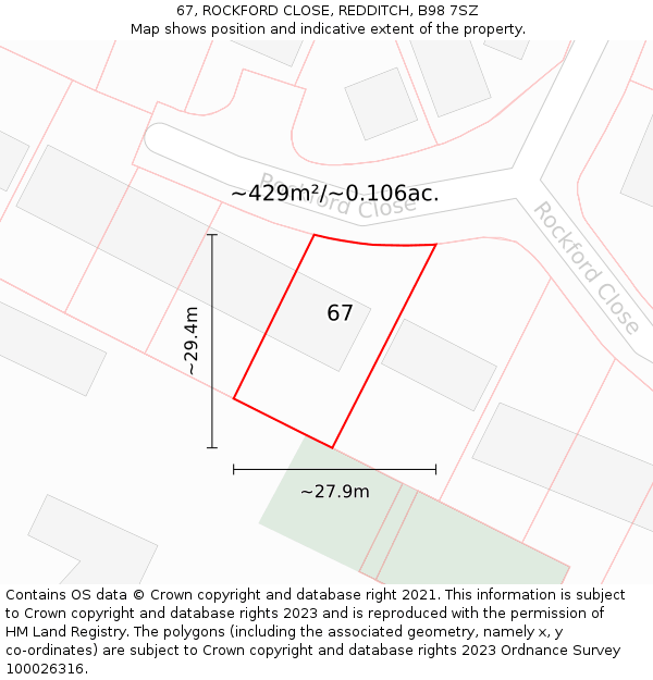 67, ROCKFORD CLOSE, REDDITCH, B98 7SZ: Plot and title map