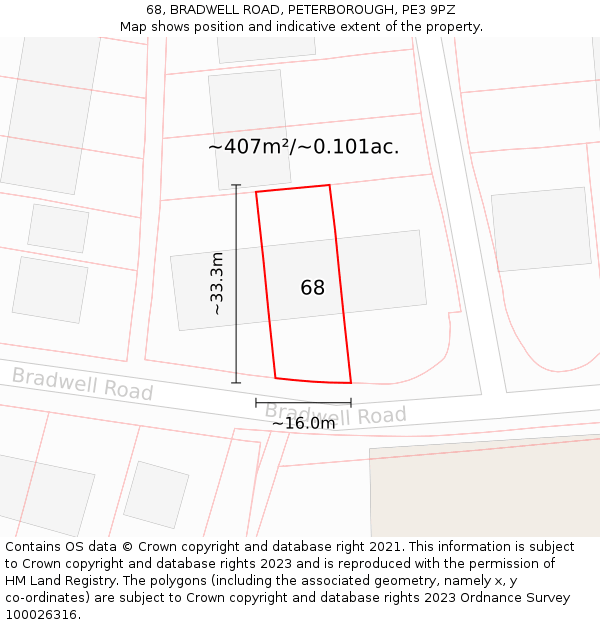 68, BRADWELL ROAD, PETERBOROUGH, PE3 9PZ: Plot and title map