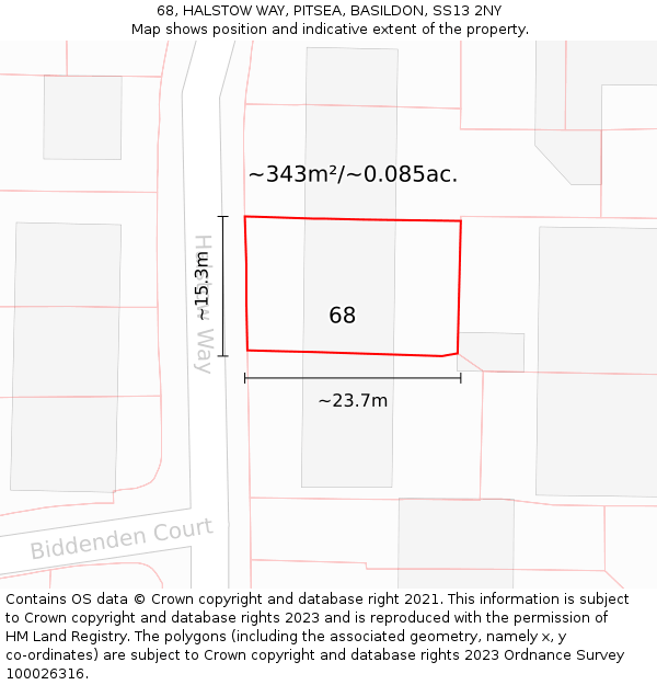 68, HALSTOW WAY, PITSEA, BASILDON, SS13 2NY: Plot and title map