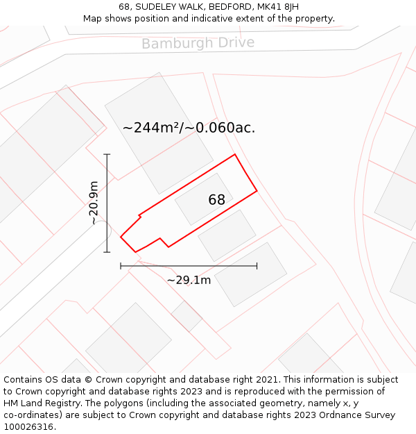 68, SUDELEY WALK, BEDFORD, MK41 8JH: Plot and title map