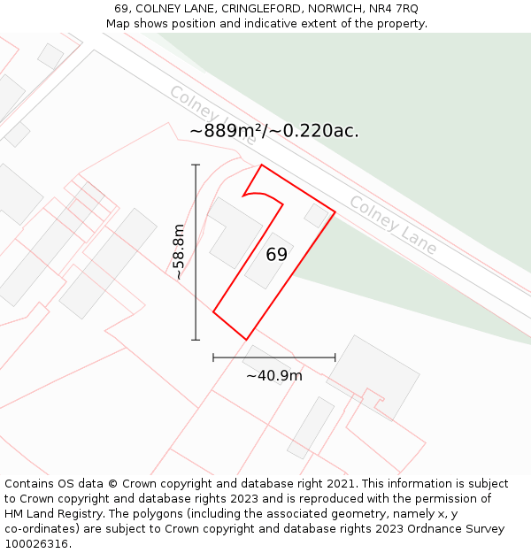 69, COLNEY LANE, CRINGLEFORD, NORWICH, NR4 7RQ: Plot and title map