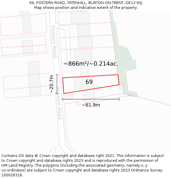 69, POSTERN ROAD, TATENHILL, BURTON-ON-TRENT, DE13 9SJ: Plot and title map