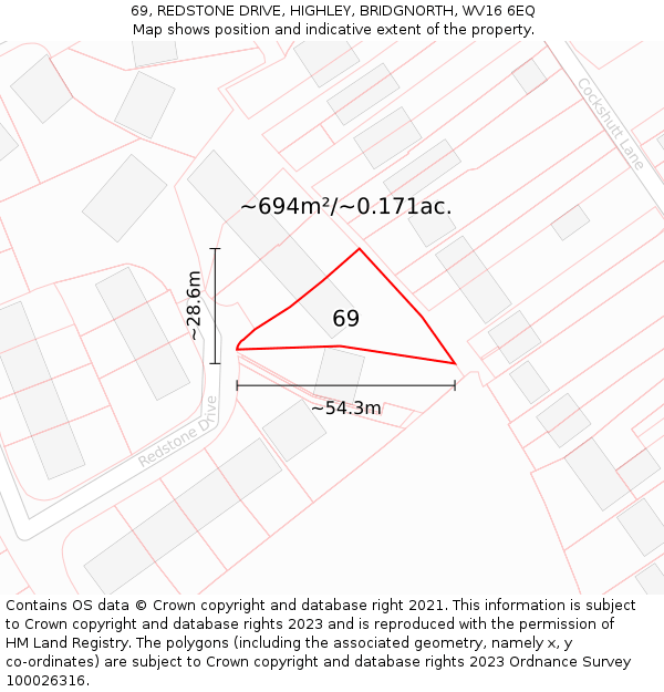 69, REDSTONE DRIVE, HIGHLEY, BRIDGNORTH, WV16 6EQ: Plot and title map