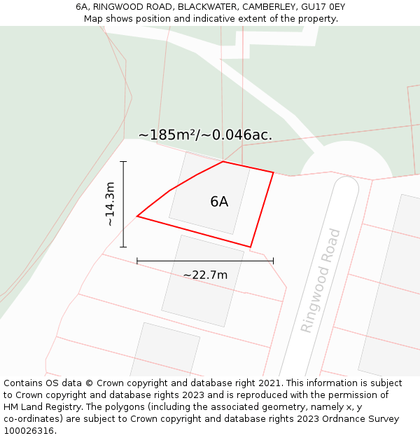 6A, RINGWOOD ROAD, BLACKWATER, CAMBERLEY, GU17 0EY: Plot and title map