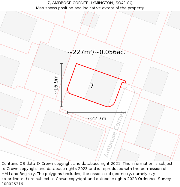 7, AMBROSE CORNER, LYMINGTON, SO41 8QJ: Plot and title map