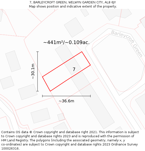 7, BARLEYCROFT GREEN, WELWYN GARDEN CITY, AL8 6JY: Plot and title map