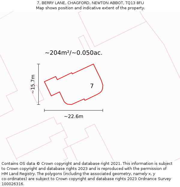 7, BERRY LANE, CHAGFORD, NEWTON ABBOT, TQ13 8FU: Plot and title map