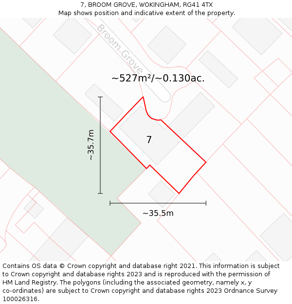 7, BROOM GROVE, WOKINGHAM, RG41 4TX: Plot and title map