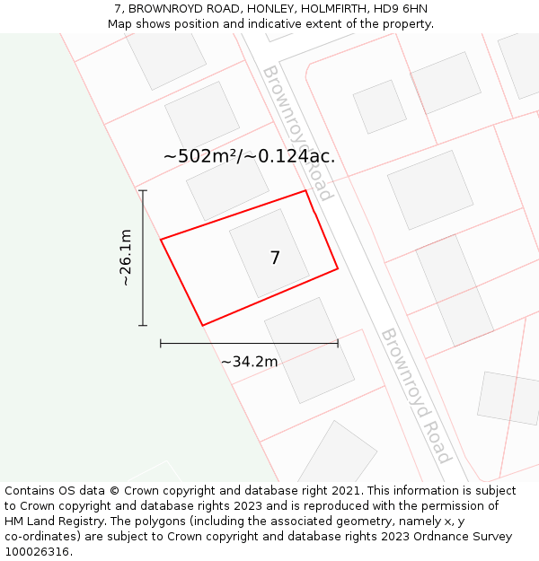 7, BROWNROYD ROAD, HONLEY, HOLMFIRTH, HD9 6HN: Plot and title map