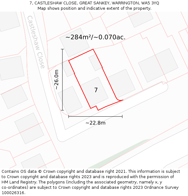 7, CASTLESHAW CLOSE, GREAT SANKEY, WARRINGTON, WA5 3YQ: Plot and title map