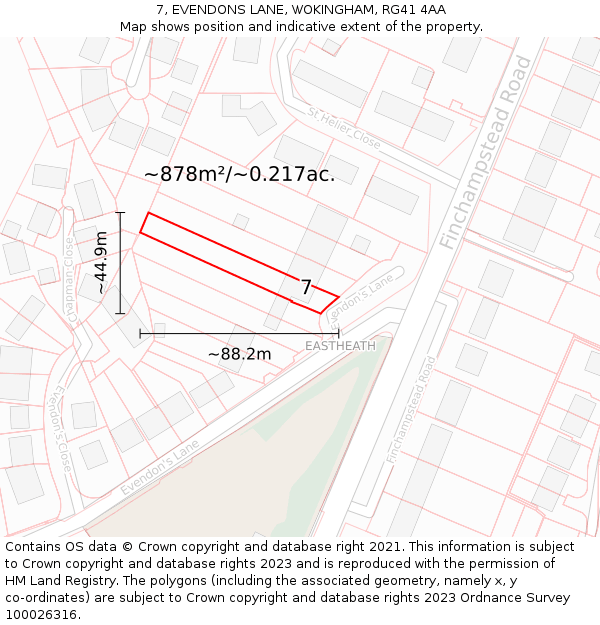 7, EVENDONS LANE, WOKINGHAM, RG41 4AA: Plot and title map