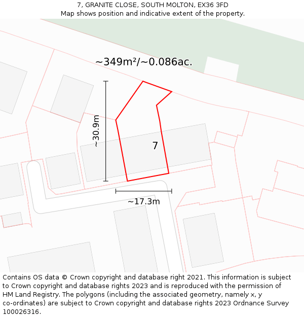 7, GRANITE CLOSE, SOUTH MOLTON, EX36 3FD: Plot and title map