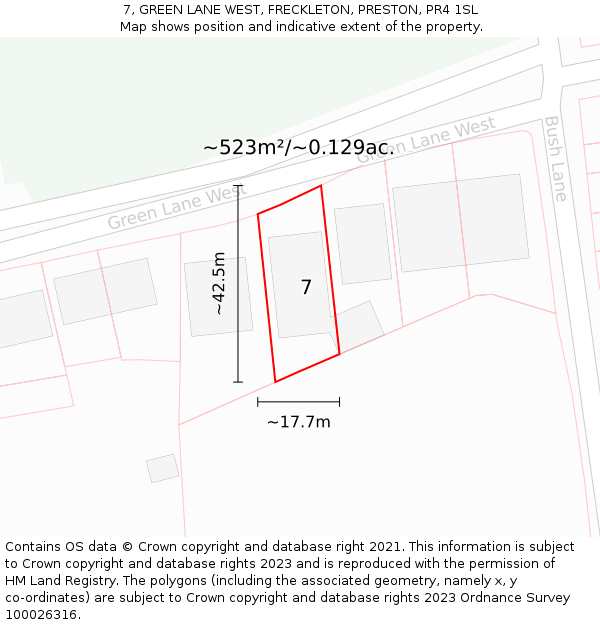 7, GREEN LANE WEST, FRECKLETON, PRESTON, PR4 1SL: Plot and title map