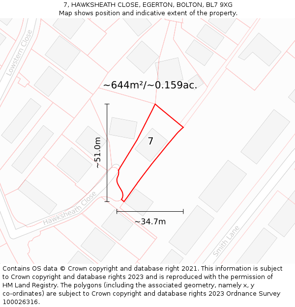 7, HAWKSHEATH CLOSE, EGERTON, BOLTON, BL7 9XG: Plot and title map