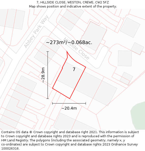 7, HILLSIDE CLOSE, WESTON, CREWE, CW2 5FZ: Plot and title map