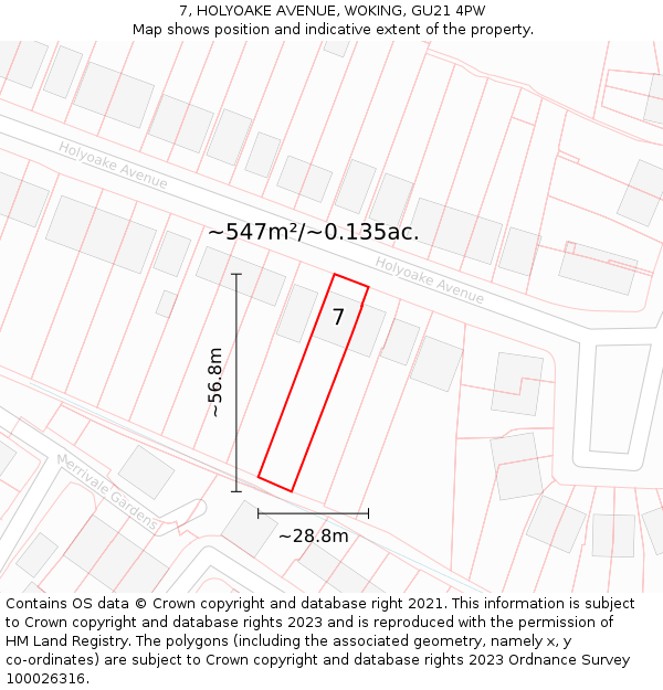 7, HOLYOAKE AVENUE, WOKING, GU21 4PW: Plot and title map