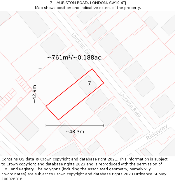 7, LAURISTON ROAD, LONDON, SW19 4TJ: Plot and title map