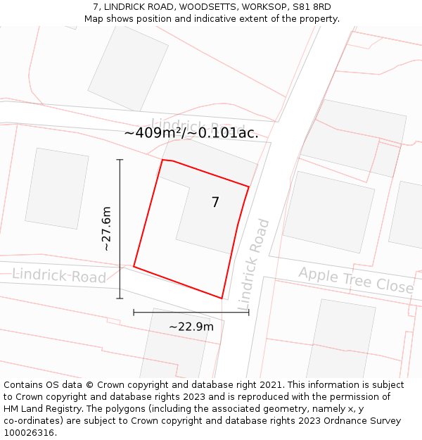 7, LINDRICK ROAD, WOODSETTS, WORKSOP, S81 8RD: Plot and title map