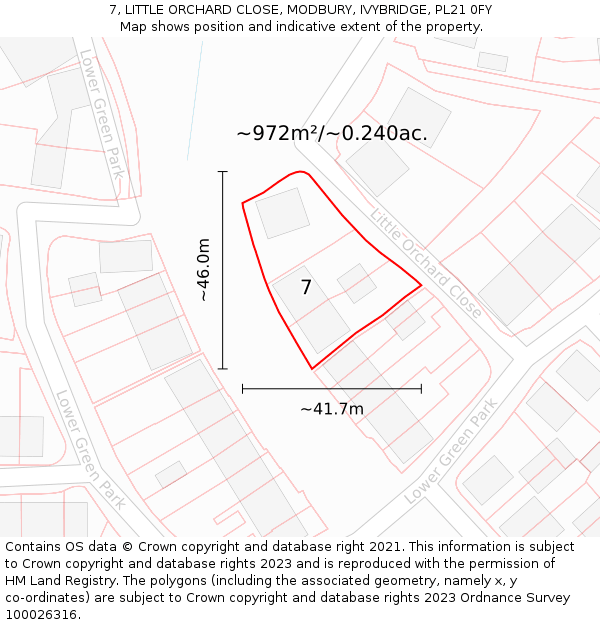 7, LITTLE ORCHARD CLOSE, MODBURY, IVYBRIDGE, PL21 0FY: Plot and title map