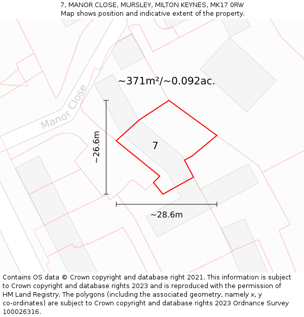 7, MANOR CLOSE, MURSLEY, MILTON KEYNES, MK17 0RW: Plot and title map