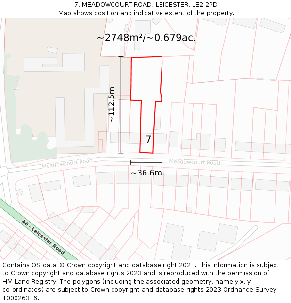 7, MEADOWCOURT ROAD, LEICESTER, LE2 2PD: Plot and title map