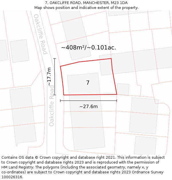 7, OAKCLIFFE ROAD, MANCHESTER, M23 1DA: Plot and title map