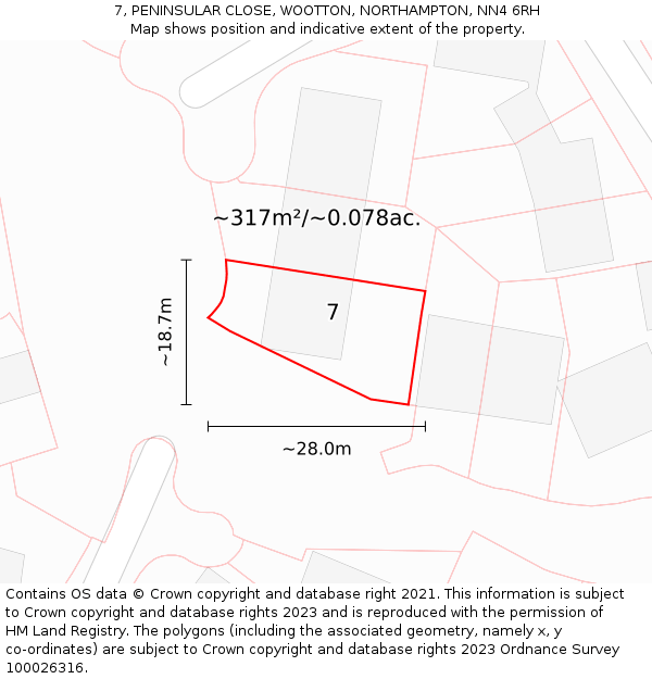 7, PENINSULAR CLOSE, WOOTTON, NORTHAMPTON, NN4 6RH: Plot and title map