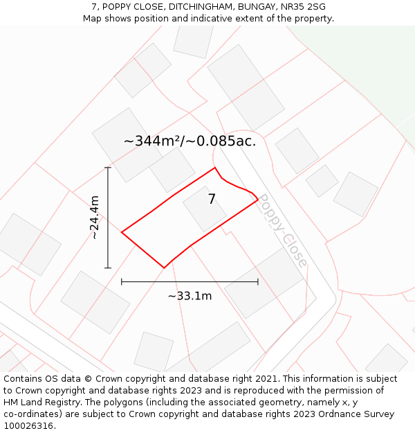 7, POPPY CLOSE, DITCHINGHAM, BUNGAY, NR35 2SG: Plot and title map