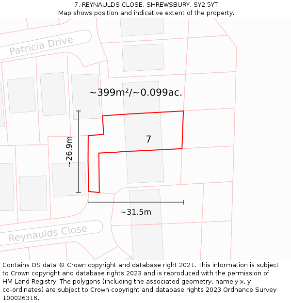 7, REYNAULDS CLOSE, SHREWSBURY, SY2 5YT: Plot and title map