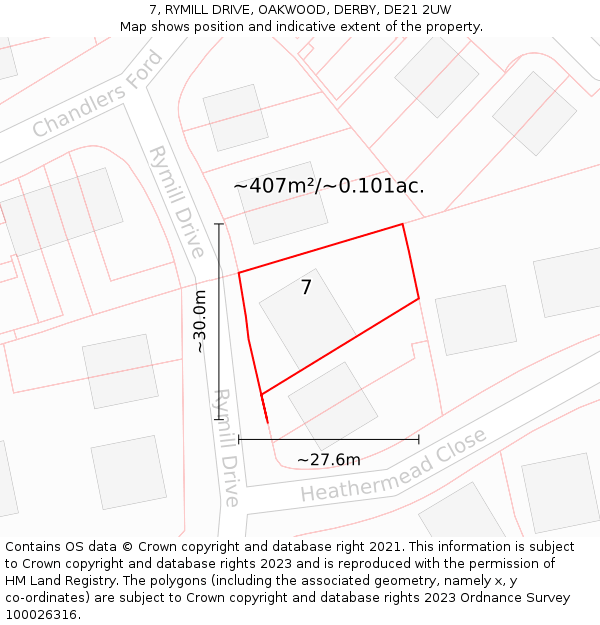 7, RYMILL DRIVE, OAKWOOD, DERBY, DE21 2UW: Plot and title map