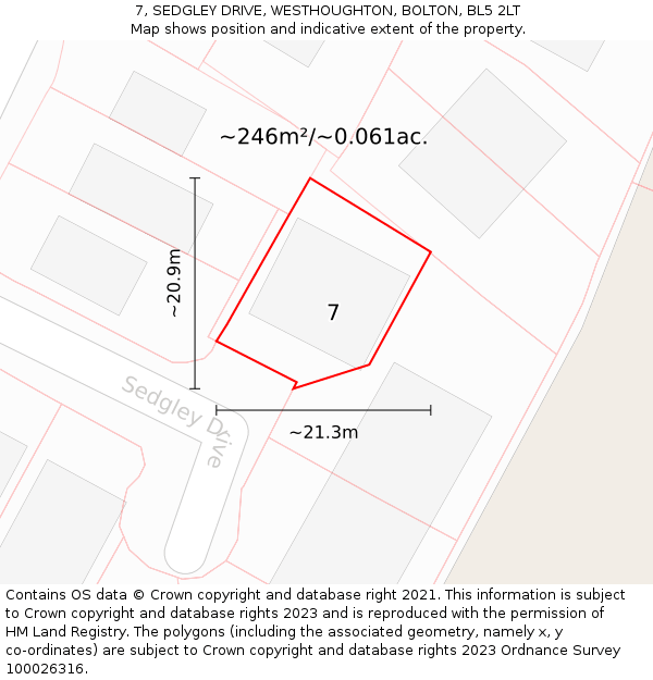 7, SEDGLEY DRIVE, WESTHOUGHTON, BOLTON, BL5 2LT: Plot and title map