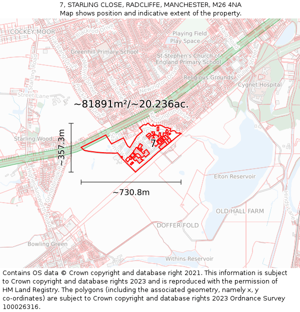 7, STARLING CLOSE, RADCLIFFE, MANCHESTER, M26 4NA: Plot and title map