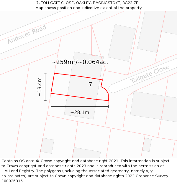 7, TOLLGATE CLOSE, OAKLEY, BASINGSTOKE, RG23 7BH: Plot and title map