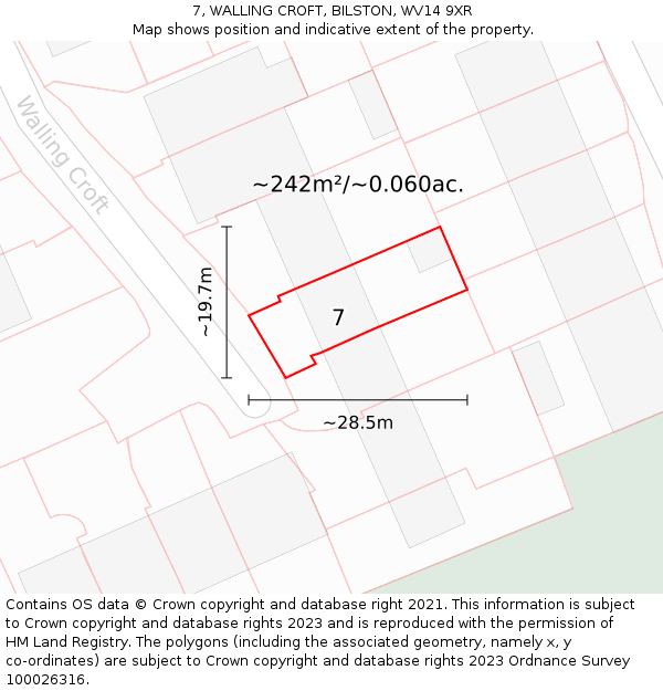 7, WALLING CROFT, BILSTON, WV14 9XR: Plot and title map