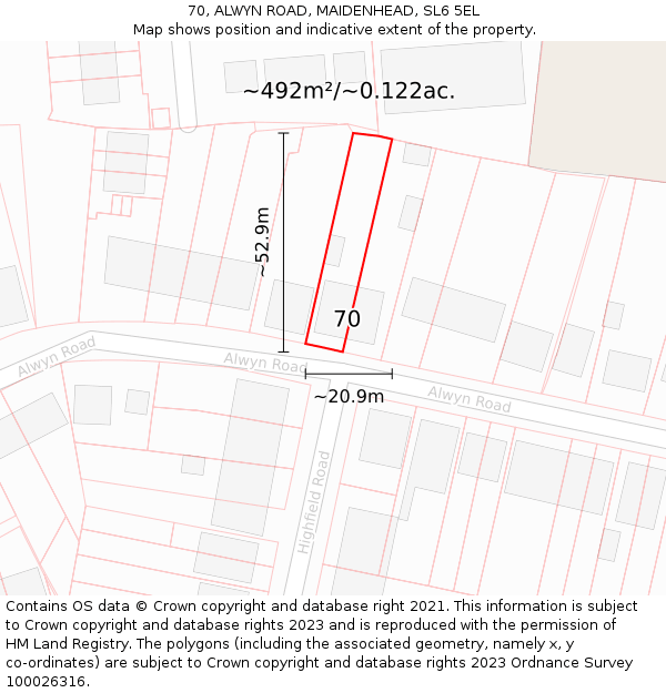 70, ALWYN ROAD, MAIDENHEAD, SL6 5EL: Plot and title map