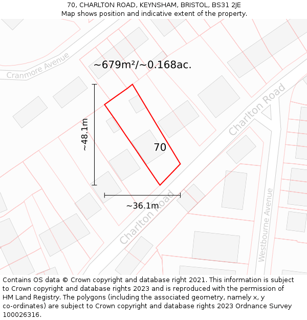 70, CHARLTON ROAD, KEYNSHAM, BRISTOL, BS31 2JE: Plot and title map