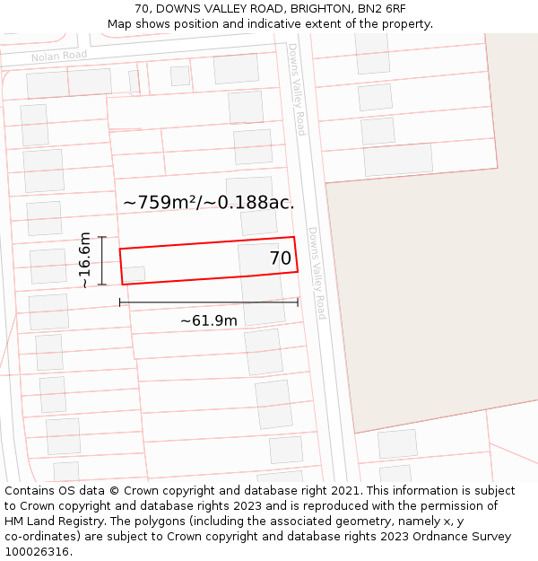 70, DOWNS VALLEY ROAD, BRIGHTON, BN2 6RF: Plot and title map