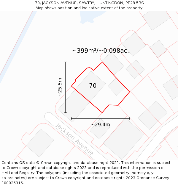 70, JACKSON AVENUE, SAWTRY, HUNTINGDON, PE28 5BS: Plot and title map