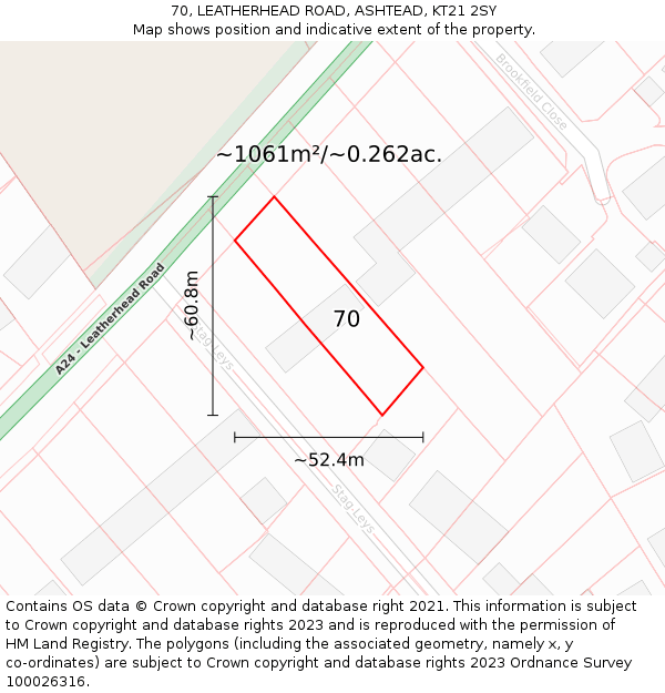 70, LEATHERHEAD ROAD, ASHTEAD, KT21 2SY: Plot and title map