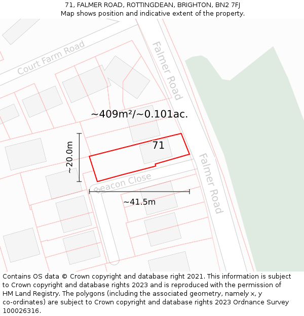 71, FALMER ROAD, ROTTINGDEAN, BRIGHTON, BN2 7FJ: Plot and title map