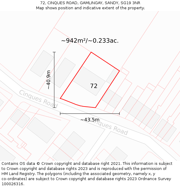 72, CINQUES ROAD, GAMLINGAY, SANDY, SG19 3NR: Plot and title map