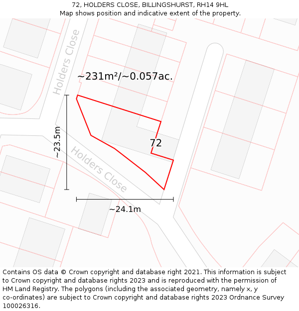 72, HOLDERS CLOSE, BILLINGSHURST, RH14 9HL: Plot and title map