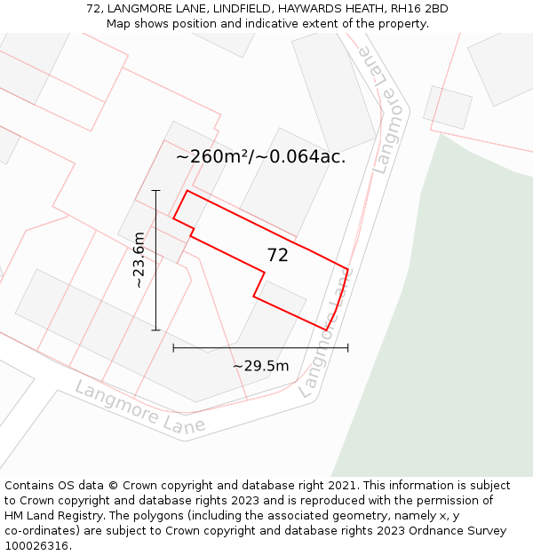 72, LANGMORE LANE, LINDFIELD, HAYWARDS HEATH, RH16 2BD: Plot and title map