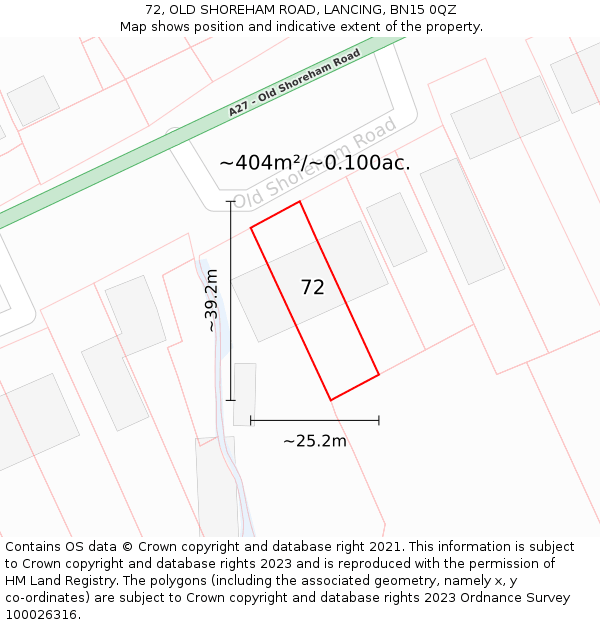 72, OLD SHOREHAM ROAD, LANCING, BN15 0QZ: Plot and title map