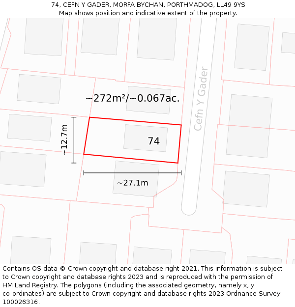 74, CEFN Y GADER, MORFA BYCHAN, PORTHMADOG, LL49 9YS: Plot and title map