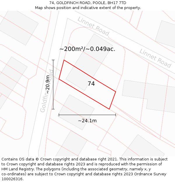 74, GOLDFINCH ROAD, POOLE, BH17 7TD: Plot and title map