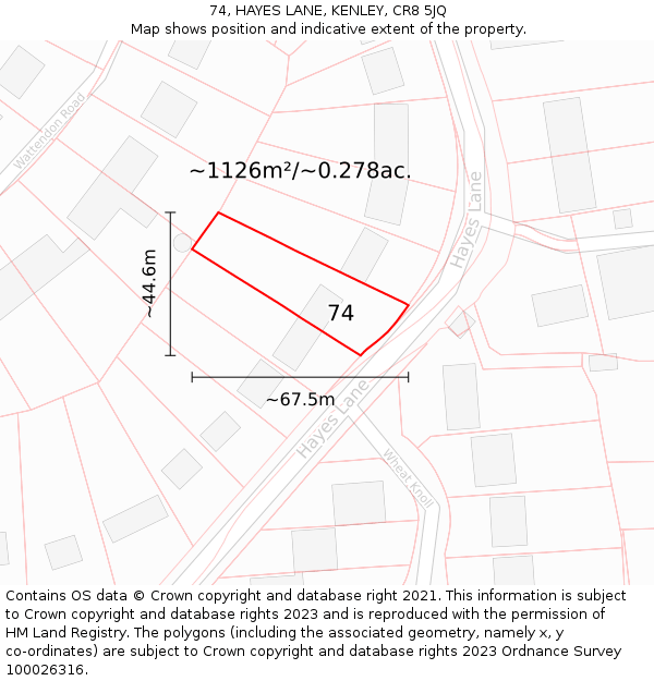 74, HAYES LANE, KENLEY, CR8 5JQ: Plot and title map