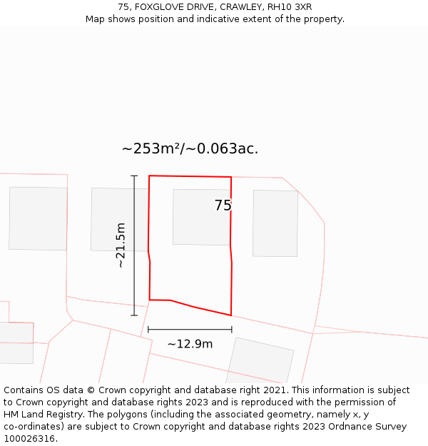 75, FOXGLOVE DRIVE, CRAWLEY, RH10 3XR: Plot and title map